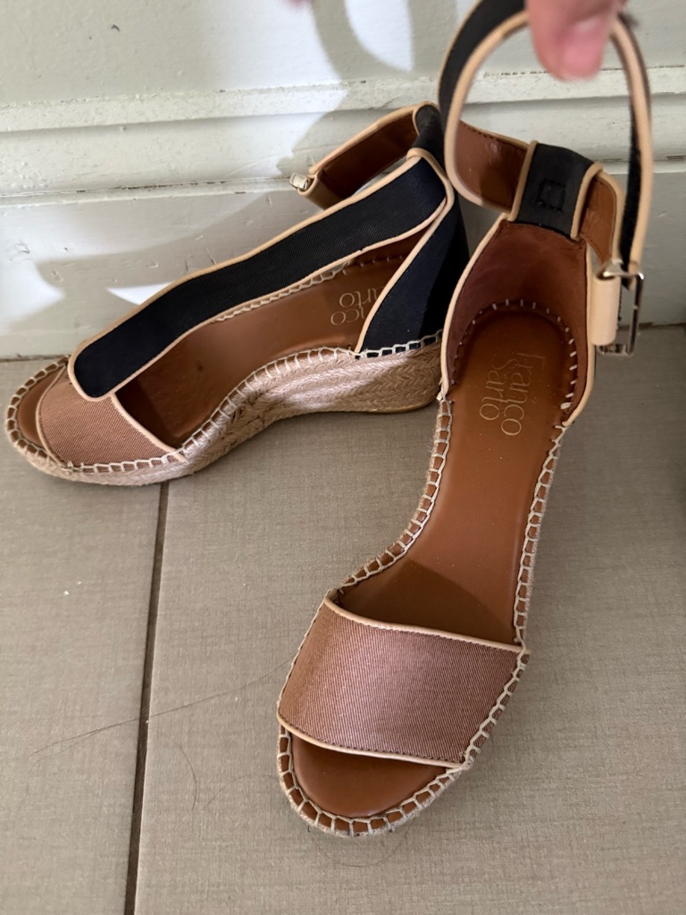 Vince Camuto Tan and Black Espadrille Wedge Sandals with Ankle Strap
